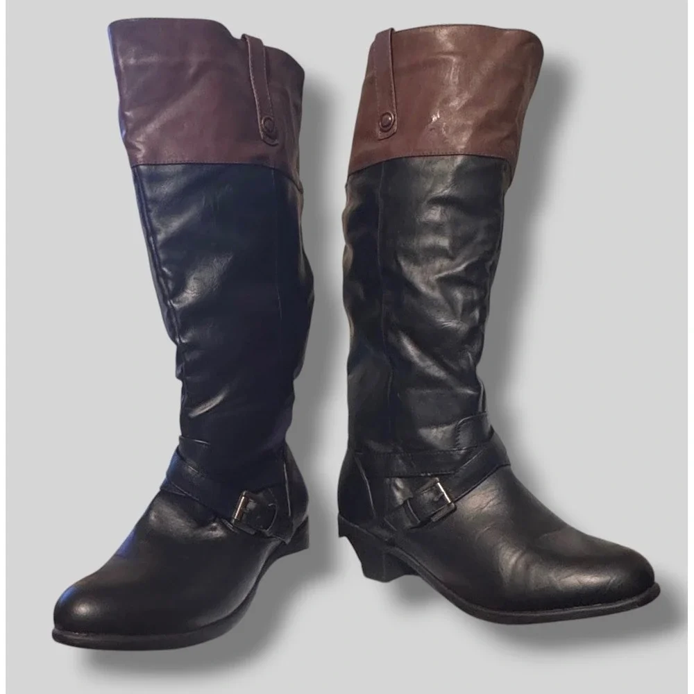 Avenue Lacey Knee High Boots Womens 10WW Black Brown Riding 0115 Autumn Two Tone